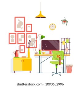 Workplace in room. Stylish and modern interior with flower, table lamp, clipboard, pictures and computer. Illustration in cartoon style.