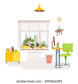 Workplace in room. Stylish and modern interior with flowers, lamp, window, bedside table and office table. Illustration in flat style.