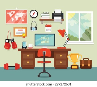 Workplace in room. Vector flat illustration