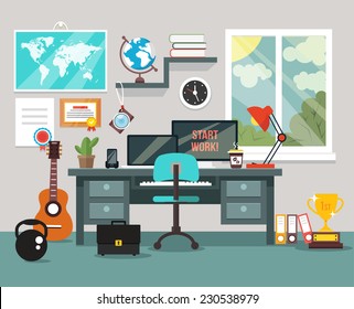 Workplace in room. Vector flat illustration