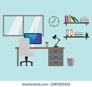 Workplace Room Vector Illustration. Contains tables, computers, flowers and others.