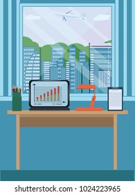 Workplace in the room - a window with a view of the city and a flying plane, minimalism, flat style - art illustration vector