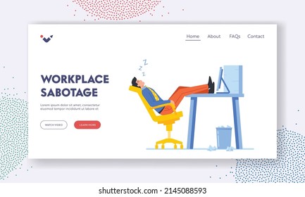 Workplace Sabotage Landing Page Template. Tired Overworked Worker, Business Character Sleep with Legs Lying on Office Desk. Manager Postpone Work due Burnout or Laziness. Cartoon Vector Illustration