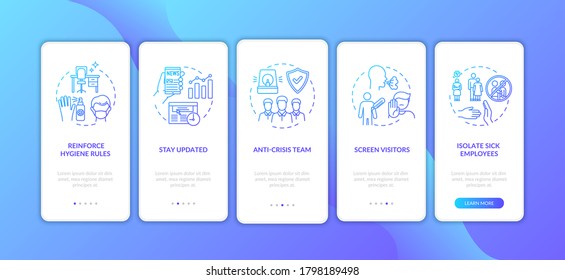 Workplace safety advices guidelines onboarding mobile app page screen with concepts. Work in office safely walkthrough 5 steps graphic instructions. UI vector template with RGB color illustrations