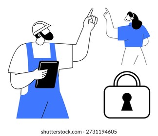 Workplace safety, communication, teamwork, construction, technology, data protection. A worker holding a tablet and pointing alongside a pointing woman and padlock icon. Workplace safety
