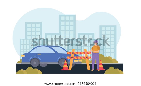 Workplace safety composition with male\
character standing near road barrier with cityscape in background\
flat vector\
illustration