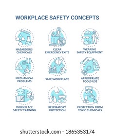 Workplace safety concept icons set. Hazardous dust in air. Clear fire exits. Wearing safety costume idea thin line RGB color illustrations. Vector isolated outline drawings. Editable stroke