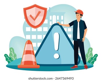 Workplace safety concept. A worker next to a caution sign symbolizing safety measures in urban environments.