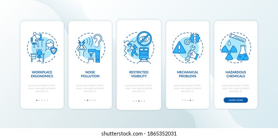 La seguridad en el lugar de trabajo afecta a la pantalla de la aplicación móvil con conceptos. Recorrido de contaminación por ruido a través de 5 pasos de instrucciones gráficas. plantilla de vector de interfaz de usuario con ilustraciones de color RGB