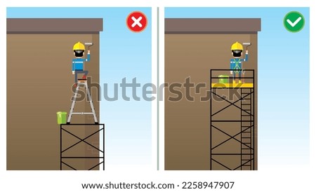 Workplace safety do and do not illustration. Working at height using ladder and scaffolding. Worker stand on the uppermost. Unsafe behavior safety and condition. Stockfoto © 