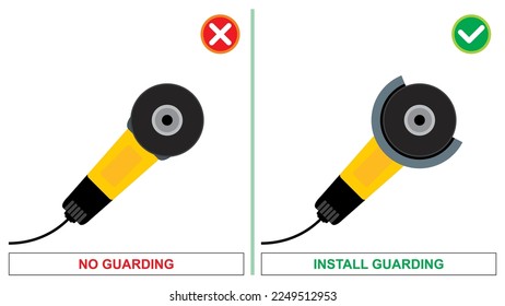 Workplace safety do's and dont's vector illustration. Hand grinder machine without guard to protect user from sparks as well as from broken fragments if the grinding wheel fails.