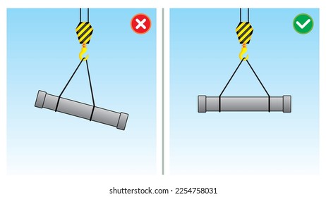 Workplace safety do's and dont's vector illustration. Unsafe work condition and act. Wrong center of gravity point for lifting material using crane. Drop object hazard in industry, construction site.