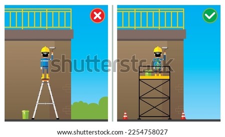 Workplace safety do's and dont's vector illustration. Improper working platform. Worker stand on uppermost ladder. Use scaffolding. Falling hazard. Unsafe work condition and act. Stockfoto © 