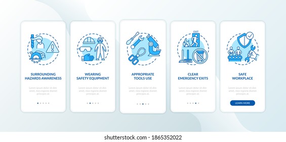 Workplace safety elements onboarding mobile app page screen with concepts. Wearing safety equipment walkthrough 5 steps graphic instructions. UI vector template with RGB color illustrations