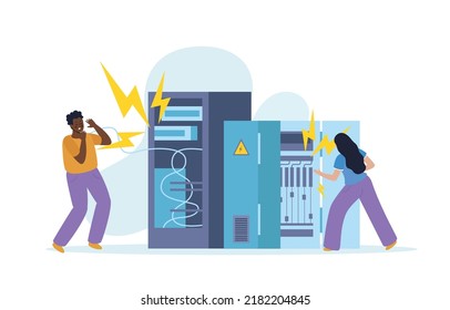 Workplace safety flat concept with two employees getting electric shock at work vector illustration