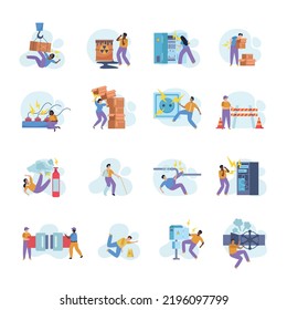 Workplace safety flat icons set with human characters having various accidents and getting injuries at work isolated vector illustration