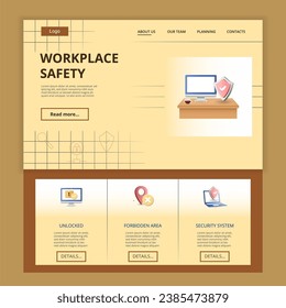 Plantilla del sitio web de la página de inicio plana de seguridad en el lugar de trabajo. Área desbloqueada, prohibida, sistema de seguridad. Banner web con encabezado, contenido y pie de página. Ilustración vectorial.