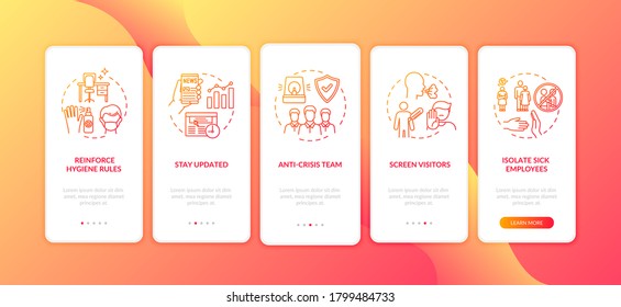 Workplace safety guidelines onboarding mobile app page screen with concepts. Detection of disease symptoms walkthrough 5 steps graphic instructions. UI vector template with RGB color illustrations