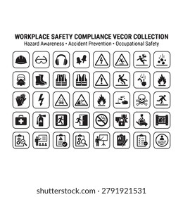 Workplace safety and hazard warning vector icon collection featuring compliance signs, accident prevention symbols, emergency indicators, and occupational safety graphics for industrial environments.