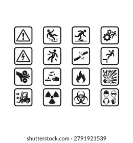 Workplace safety and hazard warning vector icon collection featuring compliance signs, accident prevention symbols, emergency indicators, and occupational safety graphics for industrial environments.
