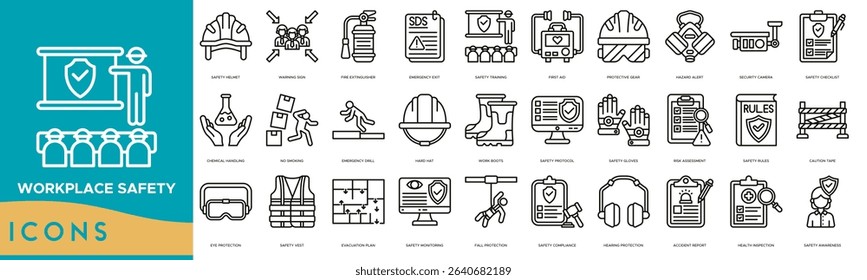 Workplace Safety Icon set. Safety Helmet, Warning Sign, Fire Extinguisher, Emergency Exit, Safety Training, First Aid, Protective Gear and Hazard Alert