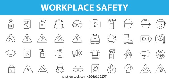 Ícones de segurança no local de trabalho , capacete, primeiros socorros, extintor de incêndio, luvas, máscara, sinal de saída e muito mais , formatos editáveis: EPS, JPG
