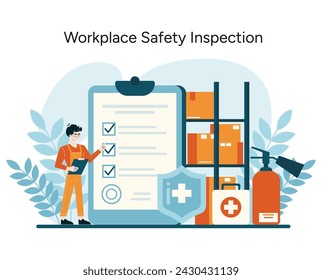 Vector de inspección de seguridad laboral. Una revisión meticulosa de las áreas de almacenamiento industrial para garantizar el cumplimiento de la OSHA y el bienestar de los trabajadores. Comprobaciones estratégicas de seguridad. Ilustración vectorial plana