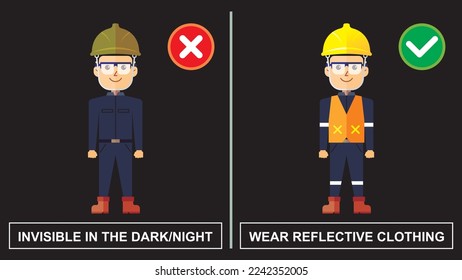 Workplace safety notice of do's and don'ts practice. Worker do not wear reflective clothing in the dark situation or night work. Unsafe condition and act.