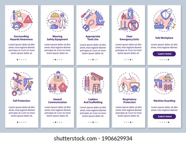 Workplace safety onboarding mobile app page screen with concepts set. Surrounding dangerous awareness walkthrough 10 steps graphic instructions. UI vector template with RGB color illustrations