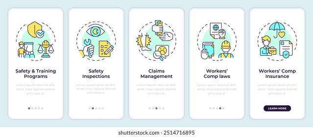 Arbeitsplatzsicherheit beim Onboarding mobiler App-Bildschirm. Exemplarische Vorgehensweisen 5 Schritte bearbeitbare grafische Anweisungen mit linearen Konzepten. UI, UX, GUI-Vorlage
