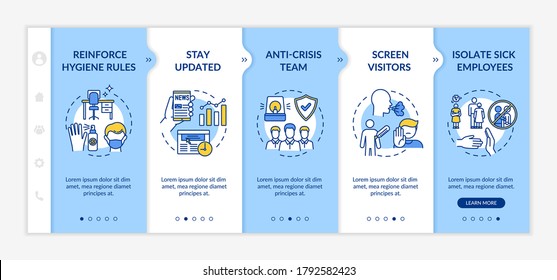 Workplace safety onboarding vector template. Anti-crisis team. Isolate sick employee. Hygiene rules in office. Responsive mobile website with icons. Webpage walkthrough step screens. RGB color concept