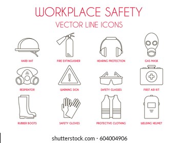 Workplace safety and personal protective equipment thin line icons set: hard hat, hearing protection, gas mask, fire extinguisher, warning sign etc. Vector illustration for website, logo, instruction.