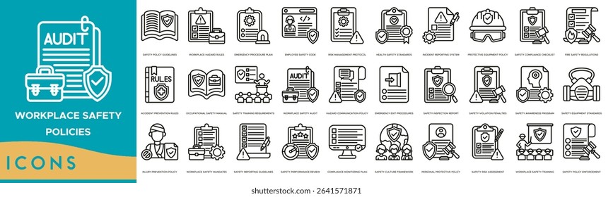 Workplace Safety Policies Icon set. Safety Policy Guidelines, Workplace Hazard Rules, Emergency Procedure Plan, Employee Safety Code, Risk Management Protocol and Health Safety Standards