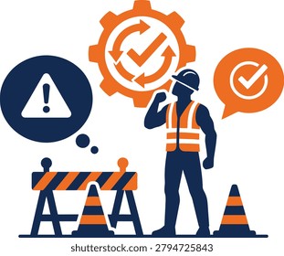 Workplace safety poster template features an industrial contractor character with compliance icons for PPE briefings and guidelines This scalable vector design is ideal for corporate safety training manuals and construction site signs
