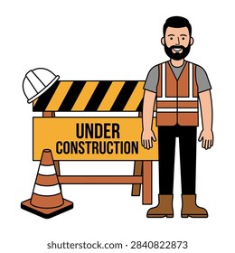 Workplace safety, progress, maintenance, and roadwork. Smiling construction worker standing next to under construction sign with cone and hard hat. Flat vector modern illustration.