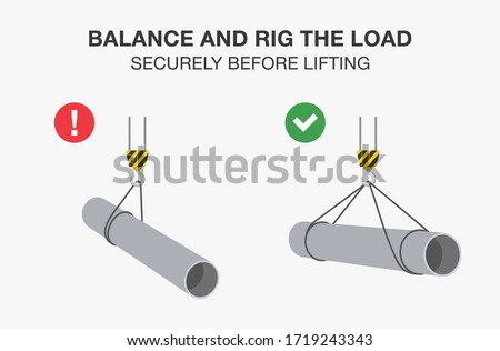 Workplace safety rule for lifting operations. Balance and rig the load securely before lifting. Flat vector illustration.
