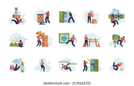 Workplace safety set of icons with employees getting injuries at work flat isolated on white background vector illustration