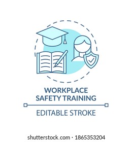 Icono de concepto de entrenamiento de seguridad en el lugar de trabajo. Derechos de seguridad en el lugar de trabajo. Enseñar a los trabajadores a las reglas principales idea ilustración de línea delgada. Dibujo de color RGB con contorno aislado del vector. Trazo editable