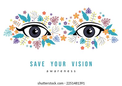 Workplace Save your vision, Eye Wellness Month. Concept of vision correction and healthcare. Eye Health. Vector illustration. Eyes and flowers