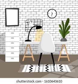 Workplace in scandinavian style vector illustration. Cozy home with white brick wall, kilim rug, modern furniture and light from the window on the floor. Studying or craft workspace.