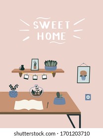 Workplace in scandinavian style vector illustration. Cozy home modern furniture. Studying or craft workspace. Freelance work on maternity leave.