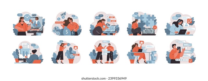 Workplace scenarios set. A collection of illustrations depicting professionals in various business interactions, from meetings and presentations to financial planning. Flat vector.