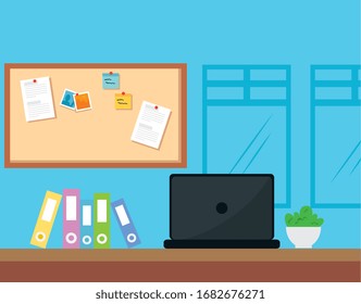 workplace scene with laptop and icons vector illustration design