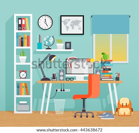 Workplace of the schoo kid - flat style. Vector illustration.