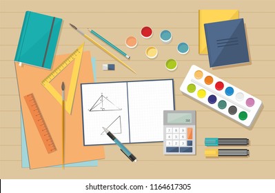  Workplace. School Books, Painting Paints, brushes