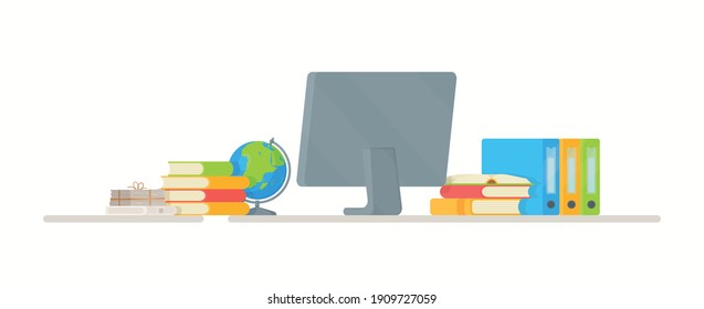 The workplace of a schoolboy or student. Vector illustration of doing homework. Online learning.