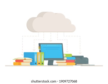 The workplace of a schoolboy or student. Vector illustration about storing files on some server. Information exchange.