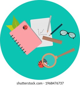 A workplace for a scientist, a business. Top view. A notebook, a book, a sheet of paper with a graph, two pencils, glasses, a ruler, a magnifying glass, tree leaves in a book, an insect.