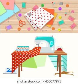 Workplace of the seamstress. Set of objects for sewing, handicraft tools and kit, equipment, needle machine, pin, yarn.