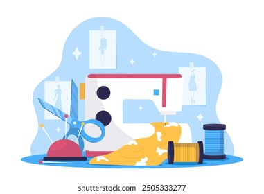 Workplace of seamstress. Sewing machine with piece of fabric. Atelier and tailor. Scissors and threads. Fashion, trend and style. Fashion designer studio. Flat vector illustration